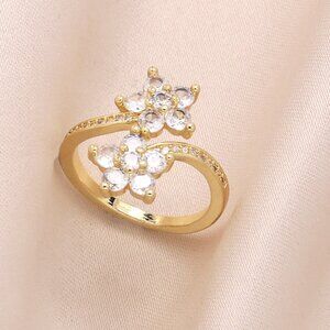 3/$35 18K Gold Plated Copper Open Ring Double Sided Flower Zirconia Diamond